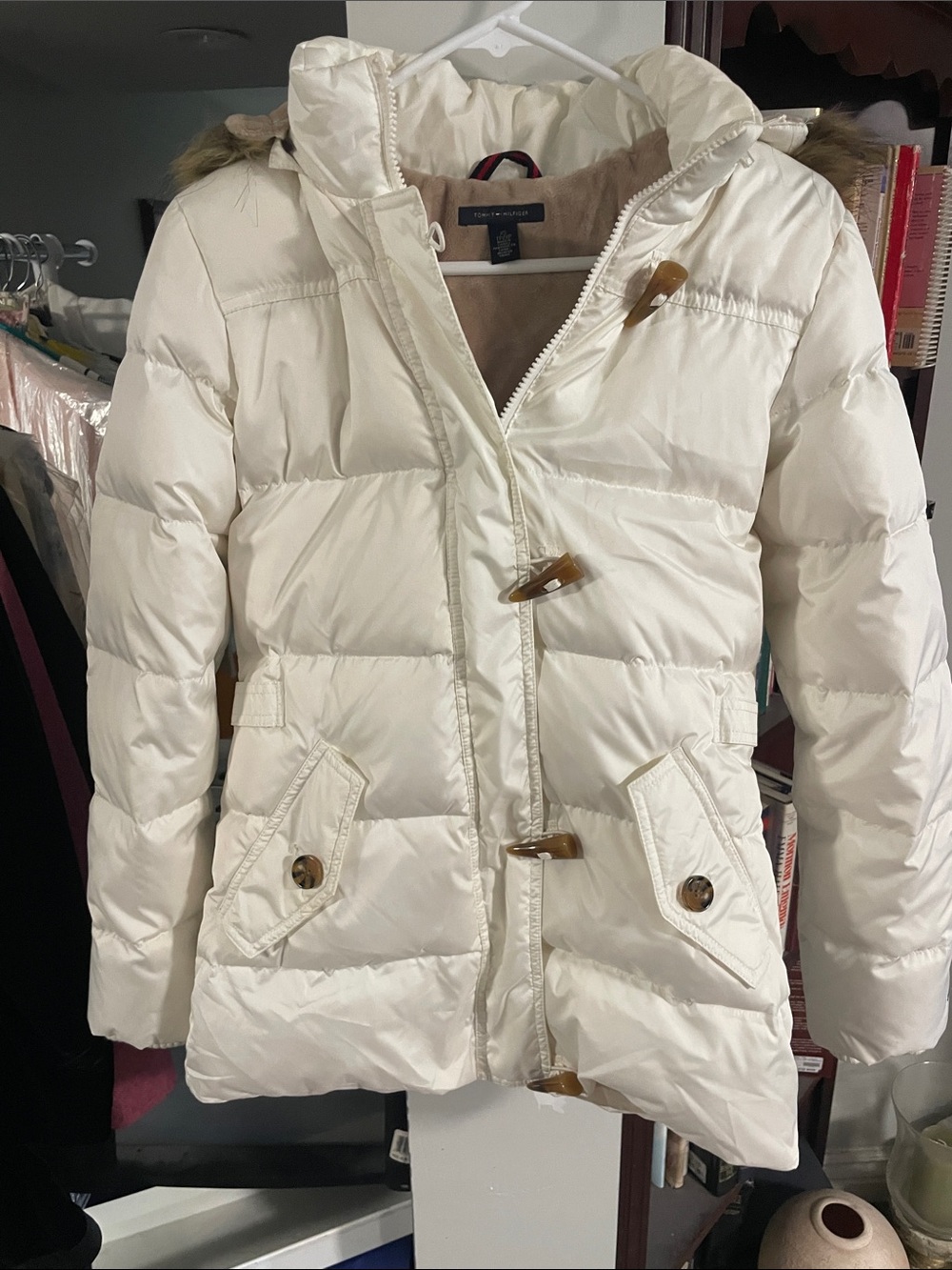 Tommy Hilfiger Cream Quilted Puffer Coat with Toggle Accents